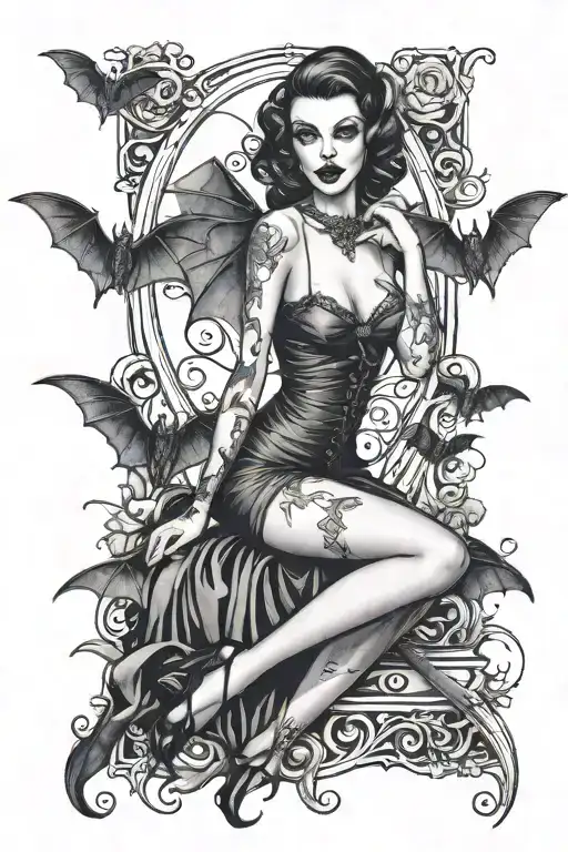 gothic vampire pin up girl with bats  sexy pose tattoo design idea