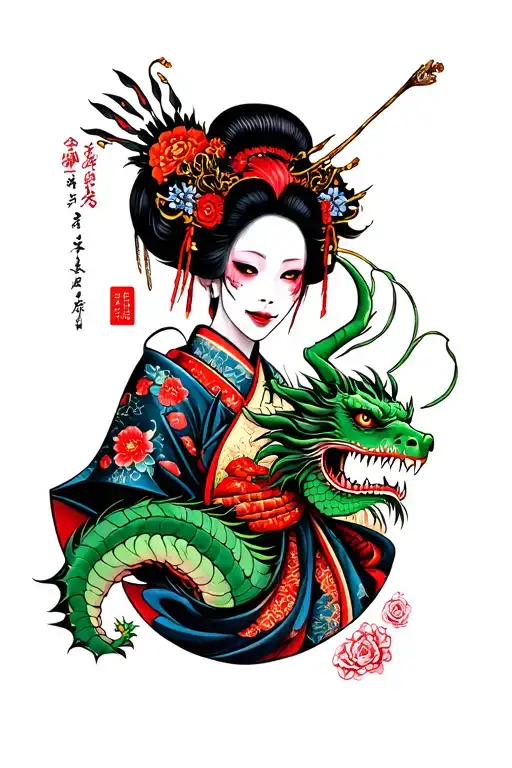 2 zombie geisha with green dragon tattoo design idea