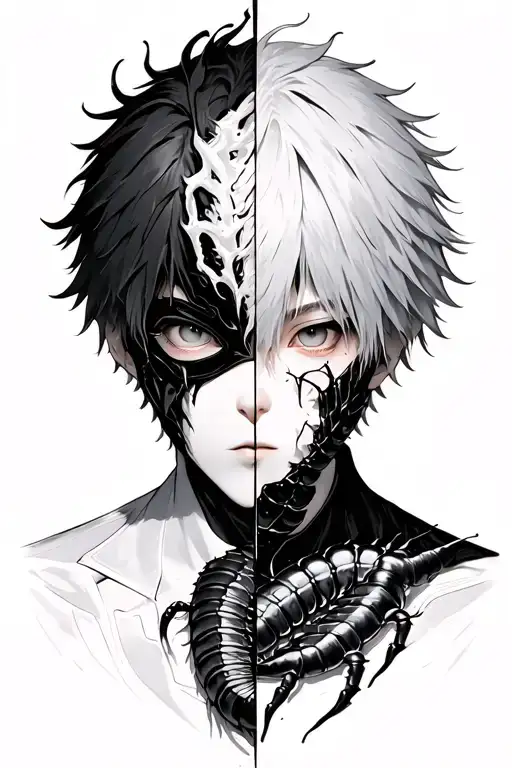 kaneki with centipede mask split in half tattoo design idea