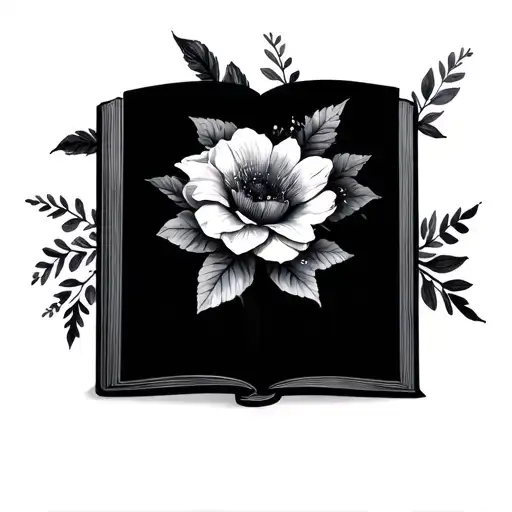 dark romance, book open in front with floral tattoo design idea