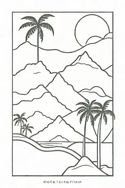 mountains waves palm trees connected with lines going tattoo design idea