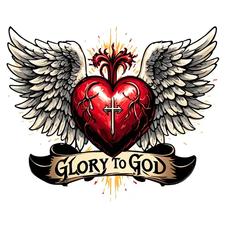 "Glory To God " sacred heart in the middle of angel wings tattoo design idea