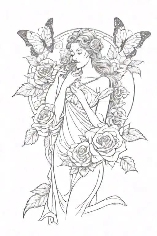 roses and butterflies with goddess of justice tattoo design idea