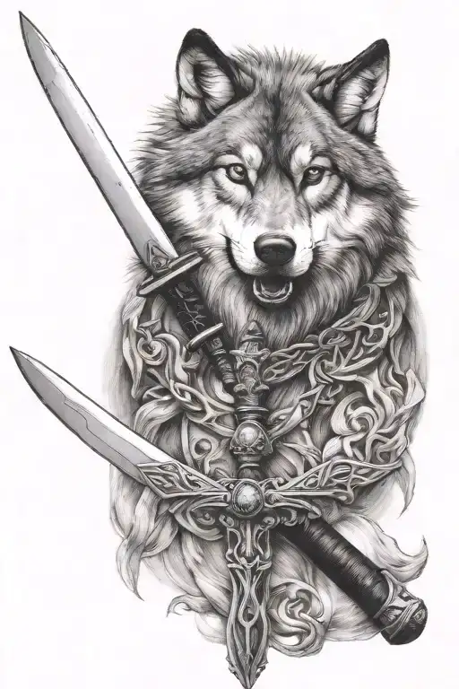 wolf and sword piercing tattoo design idea