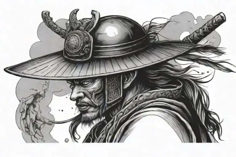 Realistic samurai face hidden by japanese hat with moon in background relaxed posture hand placed on hip. tattoo design idea