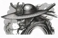 Realistic samurai face hidden by japanese hat with moon in background relaxed posture hand placed on hip. tattoo design idea