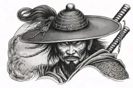Realistic samurai face hidden by japanese hat with moon in background relaxed posture hand placed on hip. tattoo design idea