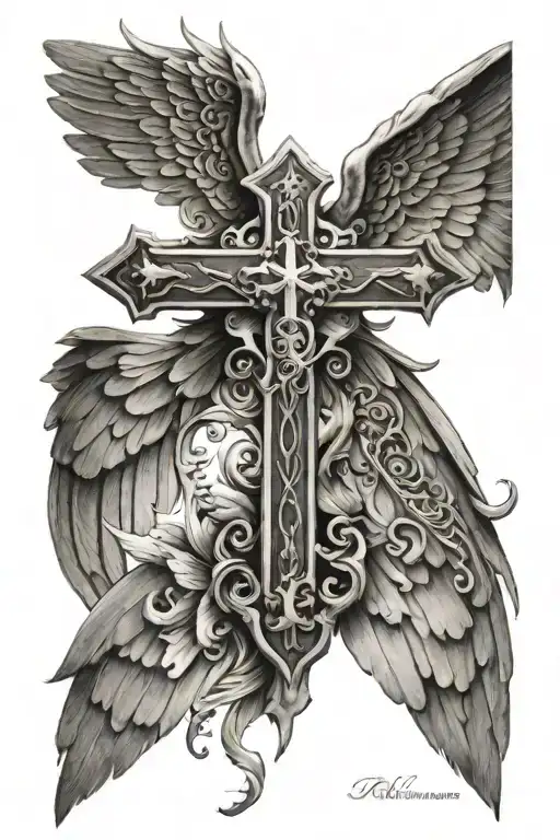angle wings with cross and boys names incorporated tattoo design idea