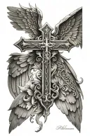 angle wings with cross and boys names incorporated tattoo design idea