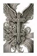 angle wings with cross and boys names incorporated tattoo design idea