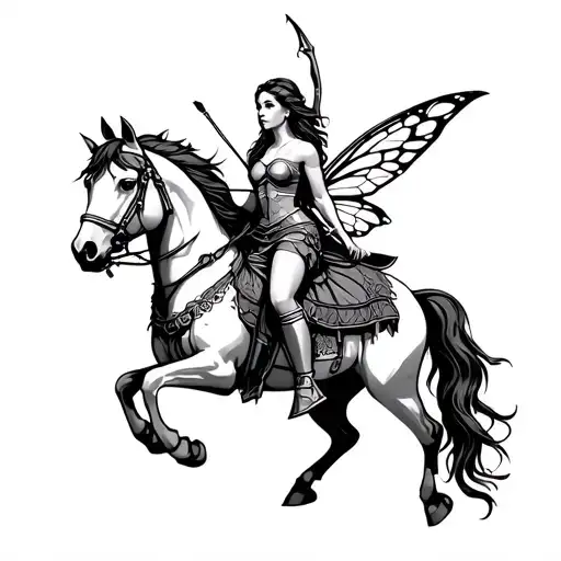 fairy warrior on horse back with bow and arrow tattoo design idea