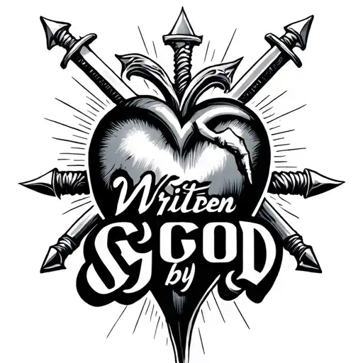 "Written by God" Catholic Sacred Heart with swords tattoo design idea