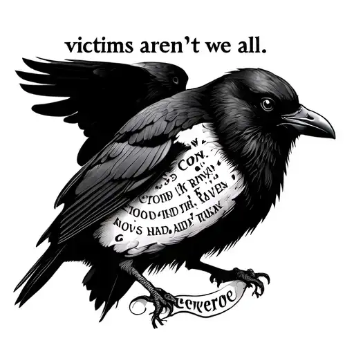 "victims aren't we all" above a black bird with words Crow and Raven hidden in its body. Below the bird "Nevermore" tattoo design idea