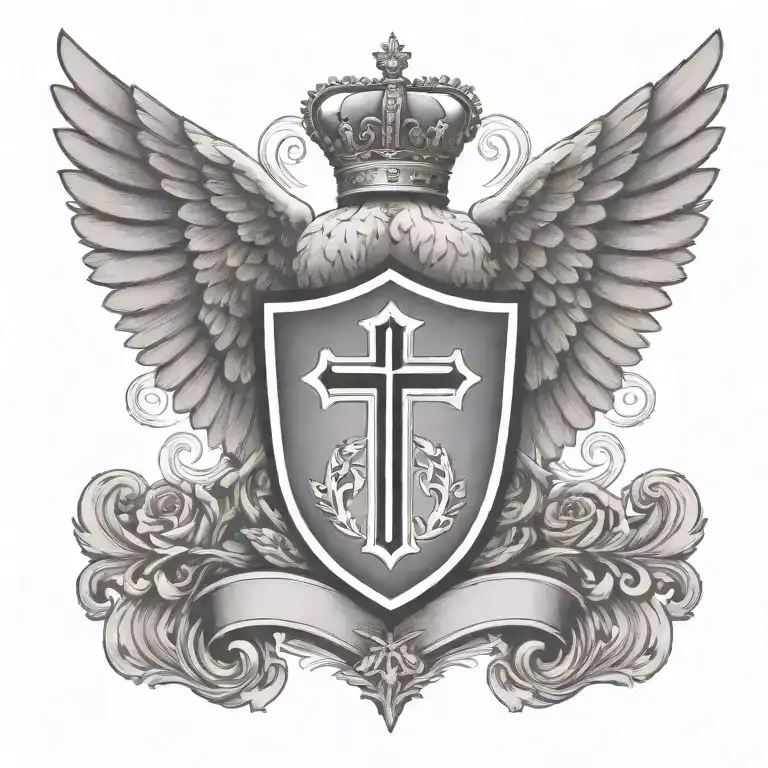 Coat of arms with wings of dove and cross and prayer on top , equal tattoo design idea