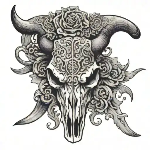 A Texas longhorn skull with intricate heavy metal inspired details tattoo design idea