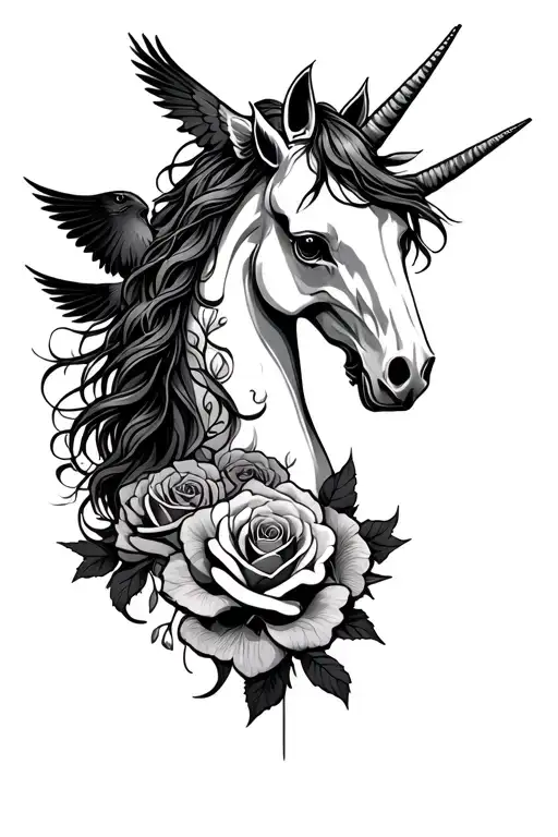 A whimsical tattoo of a unicorn with a skull patterned mane and tail, surrounded by roses and ravens tattoo design idea