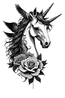 A whimsical tattoo of a unicorn with a skull patterned mane and tail, surrounded by roses and ravens tattoo design idea
