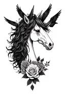 A whimsical tattoo of a unicorn with a skull patterned mane and tail, surrounded by roses and ravens tattoo design idea