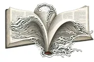 An open book with pages transforming into flowing waves of information tattoo design idea