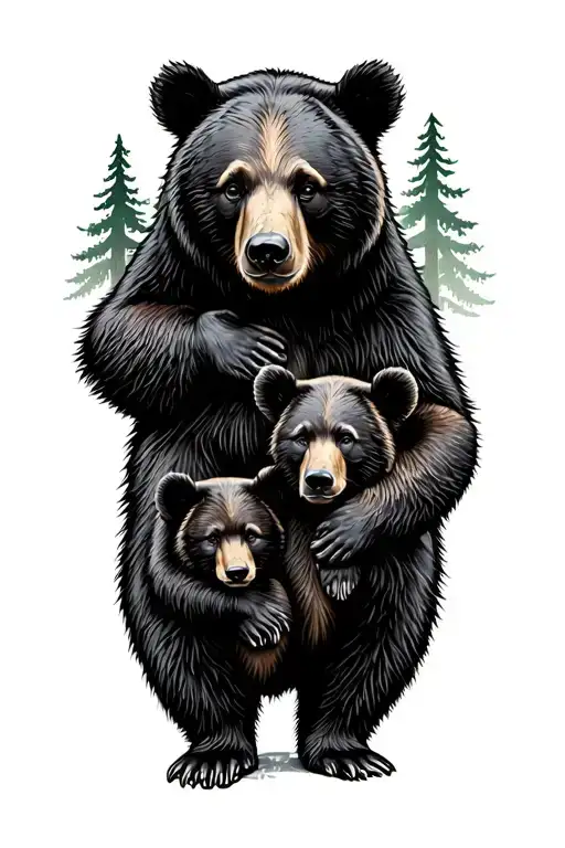 black bear with two cubs with redwood trees tattoo design idea
