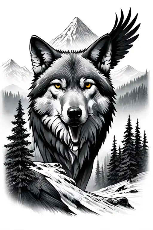 wolf and eagle and forest and mountain landscape tattoo design idea