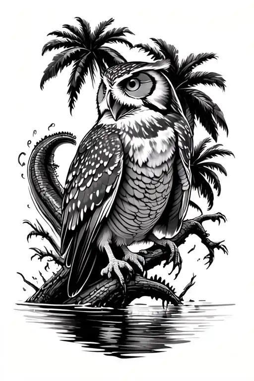 owl perched on a branch of a palm tree, alligator is jumping out of the water trying to get eat it but doesnt  tattoo design idea