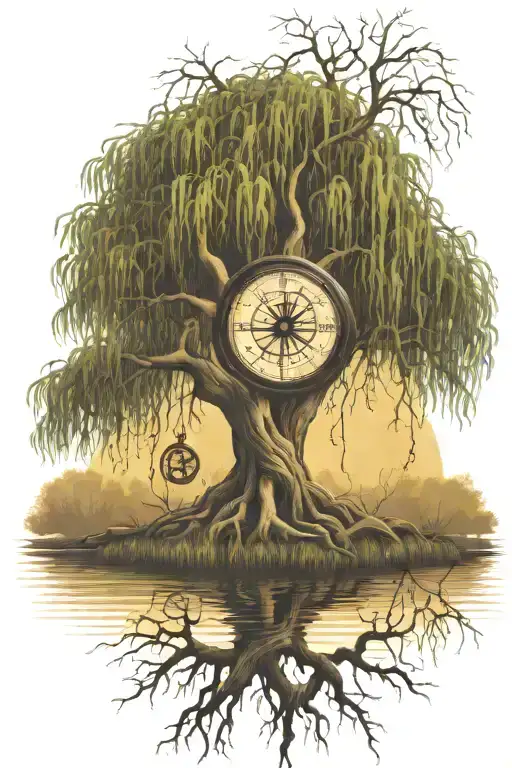 weeping willow tree with compass under  the roots tattoo design idea