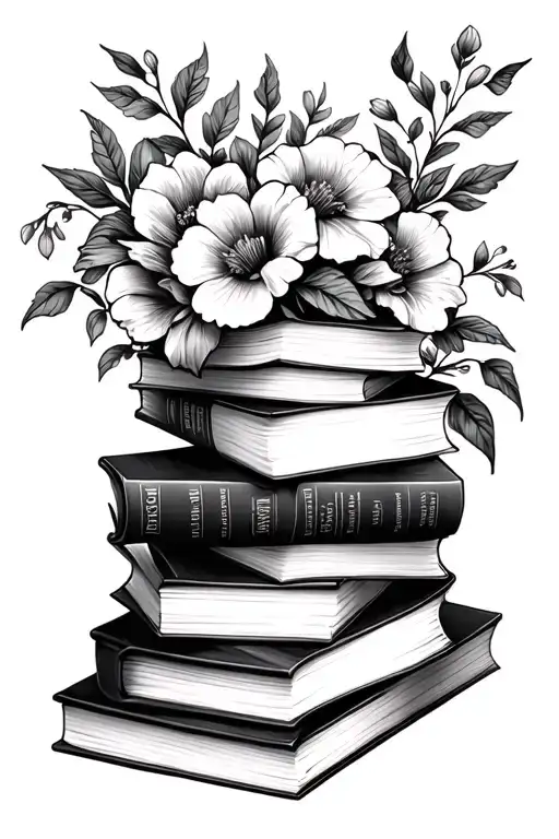 stack of books surrounded by florals tattoo design idea