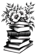 stack of books surrounded by florals tattoo design idea