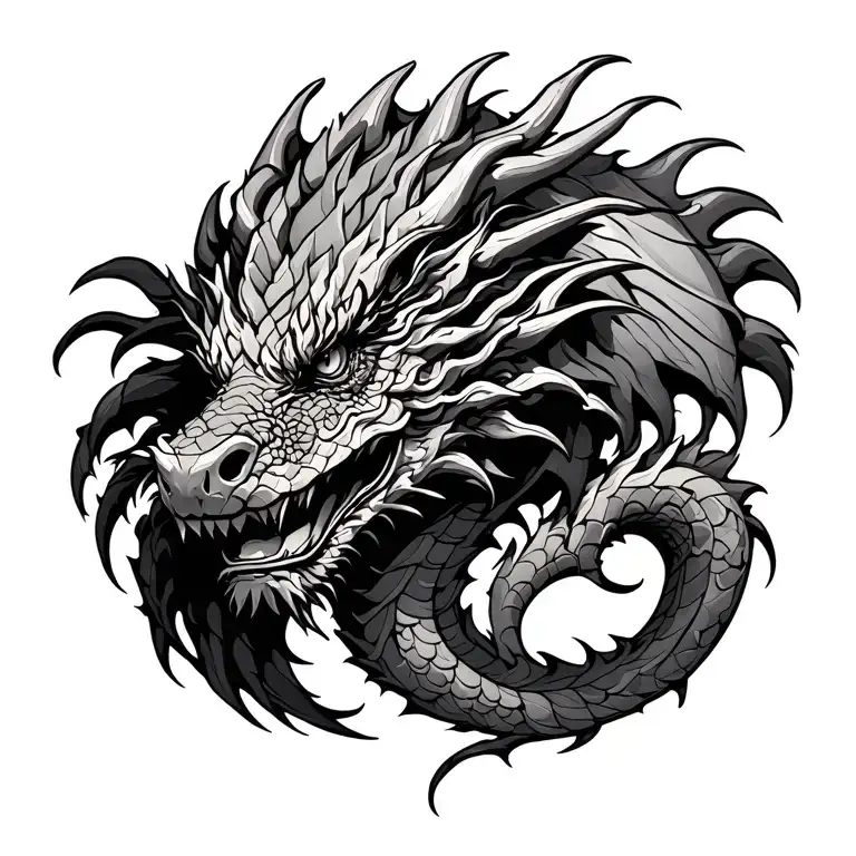 three headed dragon wooden cut tattoo design idea