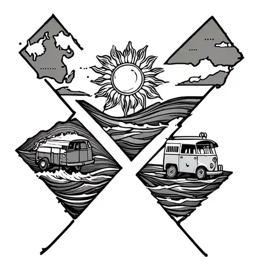 An X with the sun, waves, campervan, and map of australia in the gaps of the X tattoo design idea