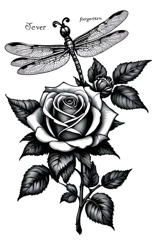 "Never forgotten " Rose And Dragonfly tattoo design idea