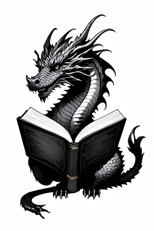 Black Dragon reading book tattoo design idea
