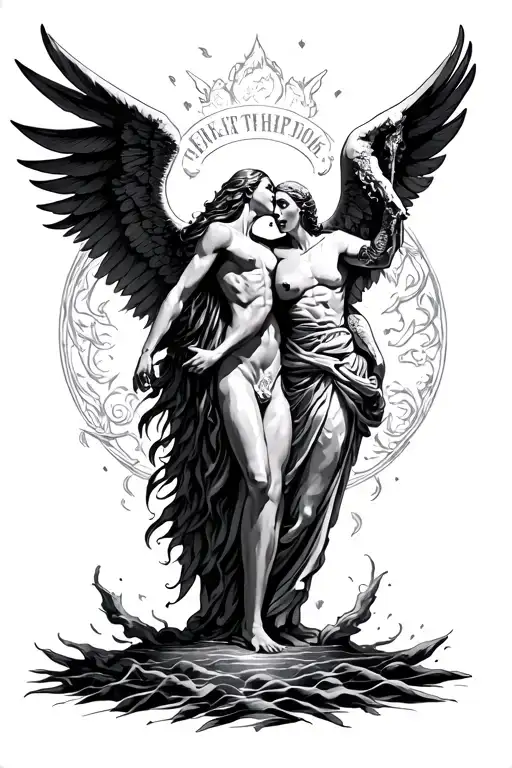 fight between life and death angel tattoo design idea