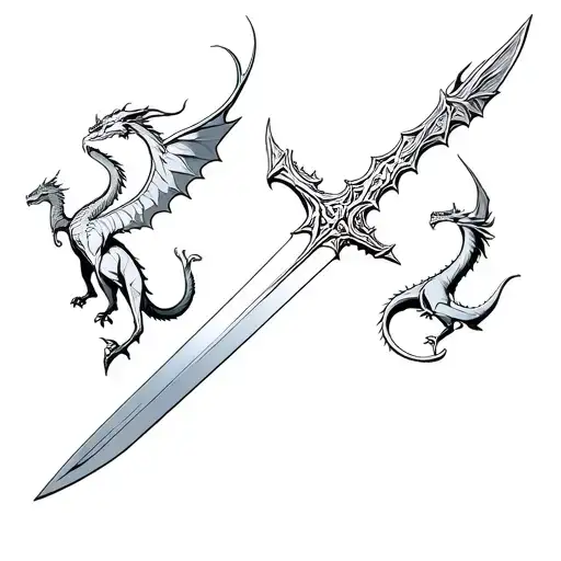 Excalibur sword. Then 3 dragons flying around it. One on the left side, one on the right side and anothe flighting upwar tattoo design idea