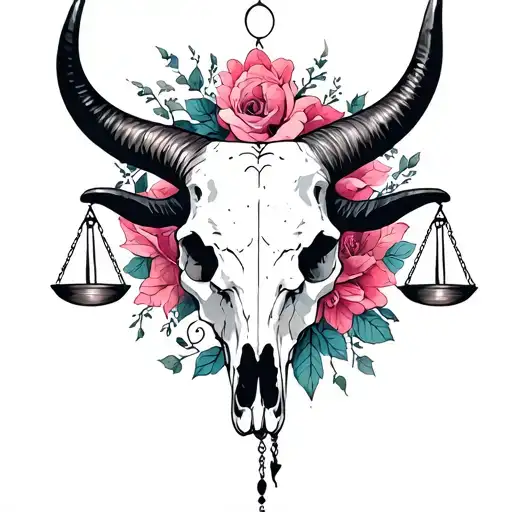 feminine taurus bull skull with Libra scales tattoo design idea