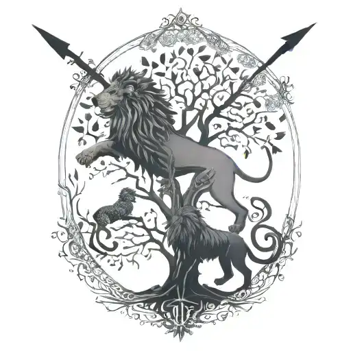 tree of life with  arrow,an ethipian lion and a dragon. no backgroumd tattoo design idea