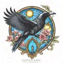 raven flying with a skull and amanita mushrooms and roses with blue stained glass window background and bright sun tattoo design idea
