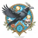 raven flying with a skull and amanita mushrooms and roses with blue stained glass window background and bright sun tattoo design idea