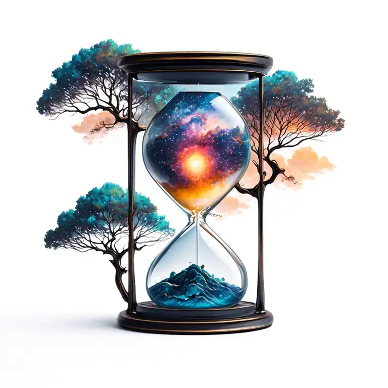 hour glass art minimalist femal body trees and galaxies  tattoo design idea
