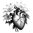 multiple white nelumbo nucifera flowers with a  anatomically accurate heart laying on them tattoo design idea