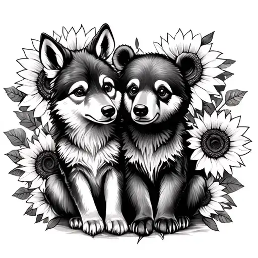  cute baby wolf and bear sitting with sunflowers and roses. black tattoo design idea
