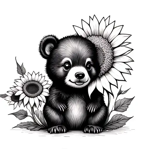 cute bear cub and sunflower tattoo design idea