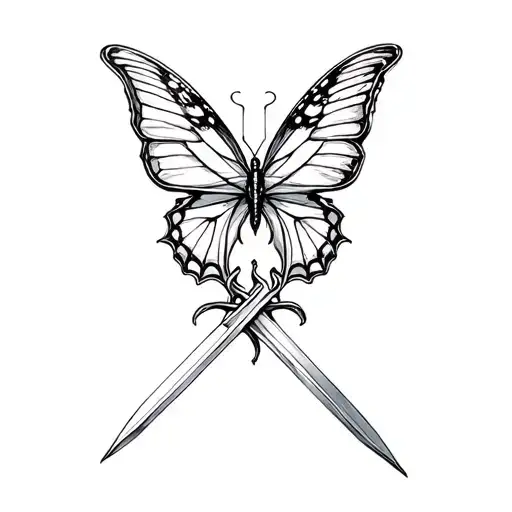 Butterfly whos wing form a semicolon, on a sword intertwined tattoo design idea