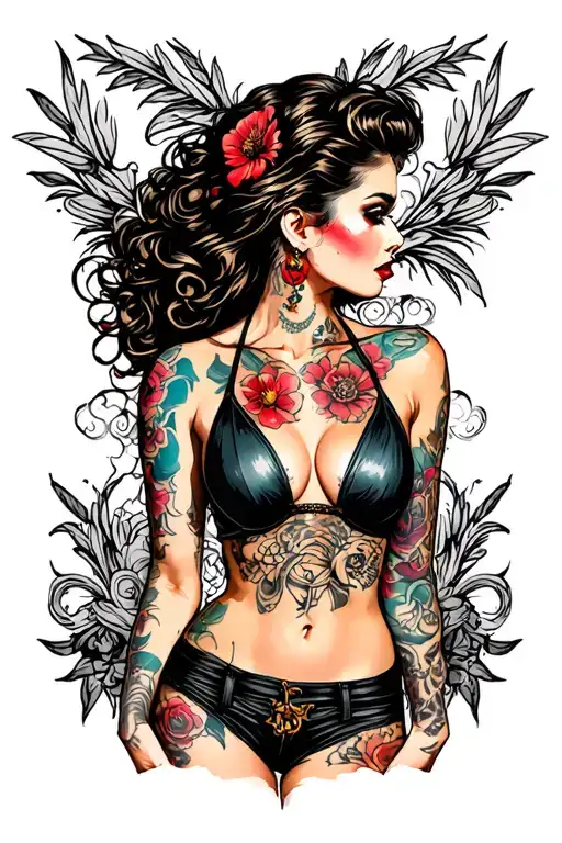 Sexy pin up girl, side profile, full body view, standing, petite, large boobs, tattoo design idea