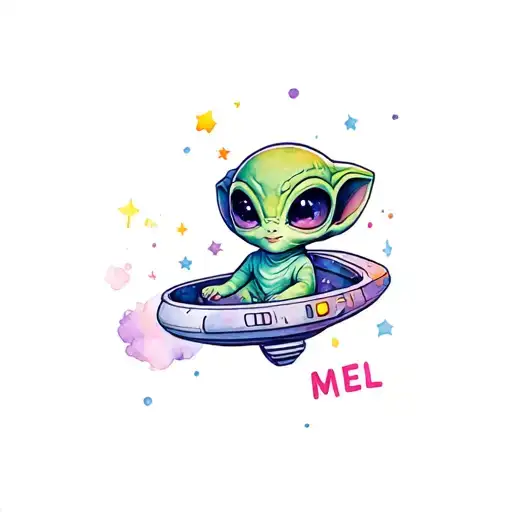 tattoo of a super cute baby girl alien in a spaceship with MEL written on panels tattoo design idea