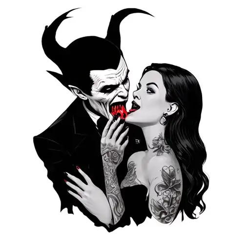 vampire holding a woman, about to bite into her neck. Her neck is actually a pez dispenser  tattoo design idea