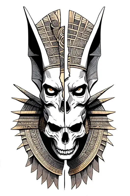 dark scary anubis god with its face split in half, and within the split is the skull to the anubis.  tattoo design idea
