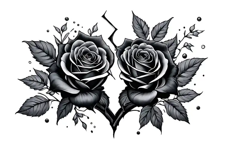 broken heart black roses blooming tattoo design idea