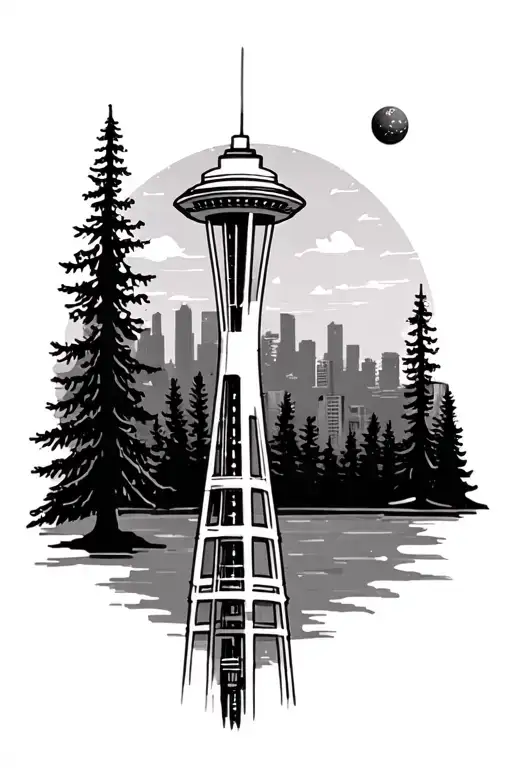 Seattle Washington evergreen trees and space needle tattoo design idea